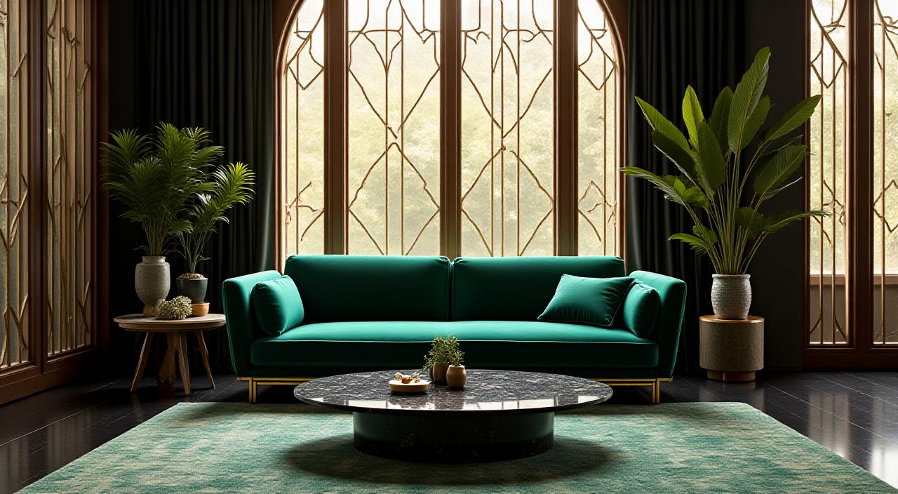 Interno lussuoso in stile Art D&eacute;co con dettagli dorati e geometrici